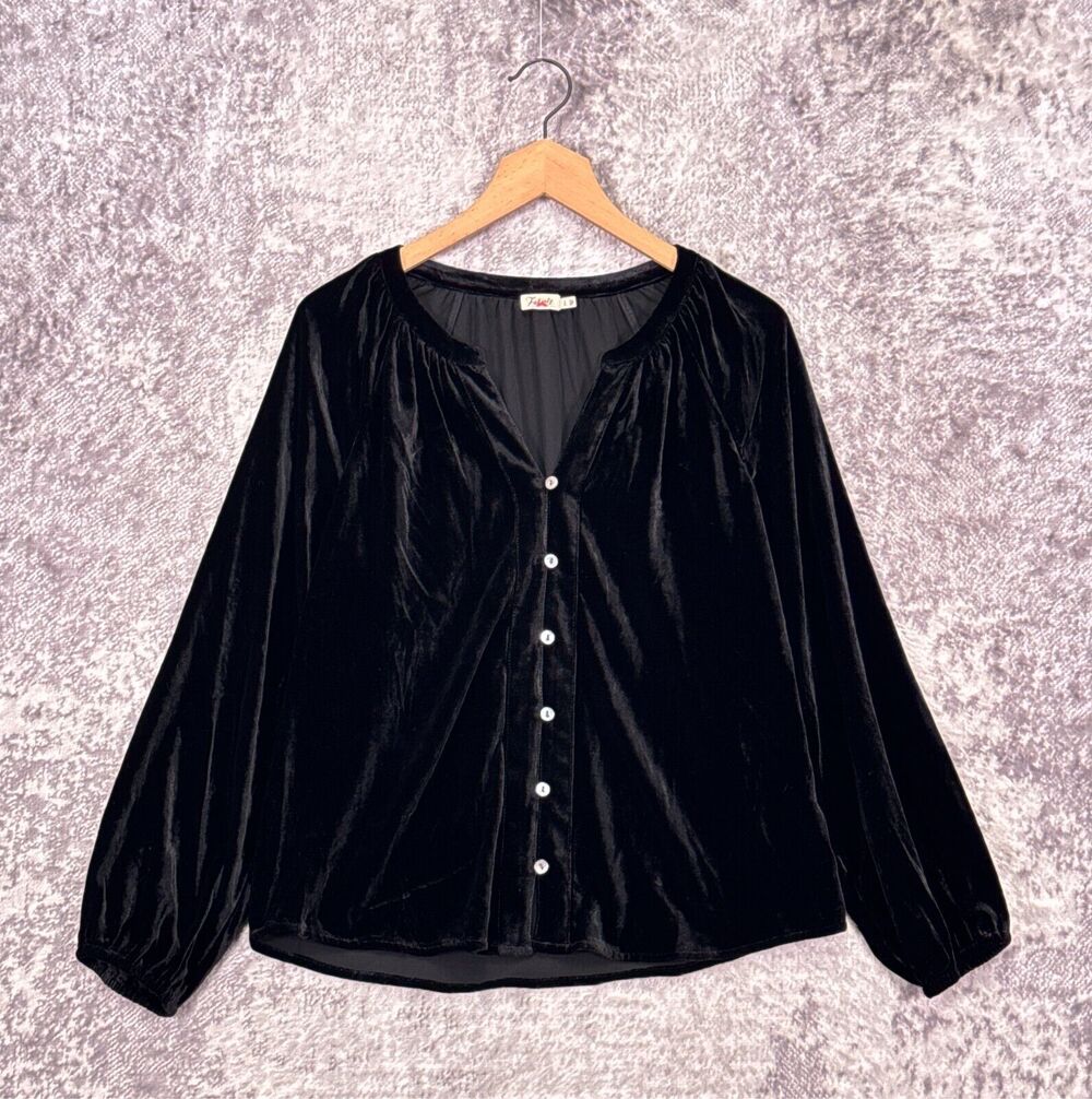 Faherty Top Small Womens Naomi Velvet Split V Neck Button Down Blouse In Black